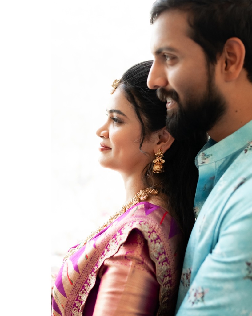 Close-up emotional portrait of wedding couple